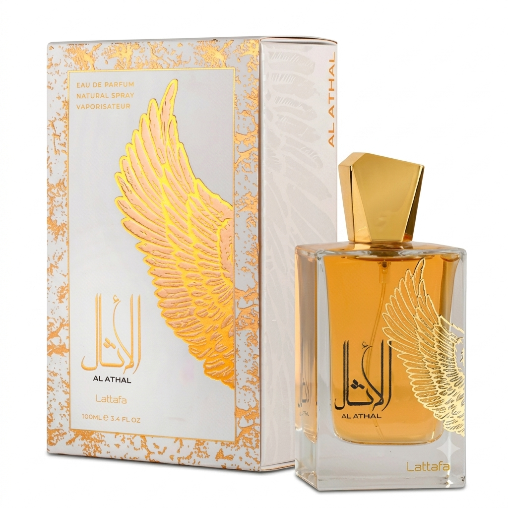 Al Athal Lattafa Eau de Parfum 100ml bottle and its matching packaging box. The bottle is made of clear glass, filled with amber-colored fragrance liquid, and features a faceted gold cap and a gold wing design.