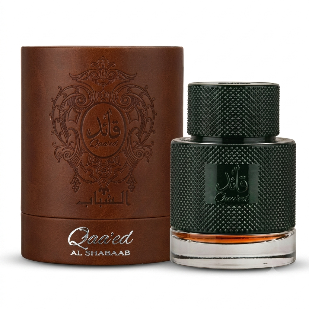 Al Shabaab Qaared perfume bottle and its brown leather-textured cylindrical box, featuring an embossed ornate crest and silver branding on a white background.