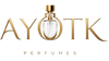 A gold perfume bottle centered over large gold stylized letters spelling AYOTK, with the word PERFUMES below on a plain white background.