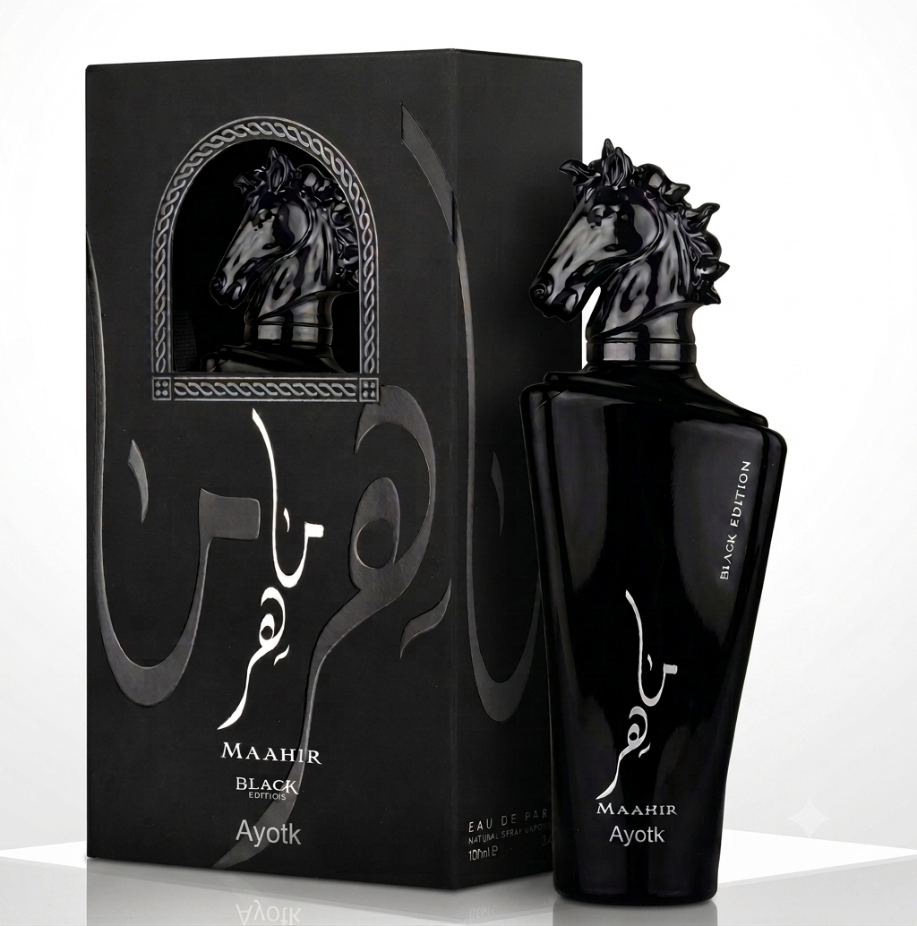 Ayotk Maahir Black Edition Eau de Parfum 100ml in a luxury black horse-head bottle with premium retail packaging.