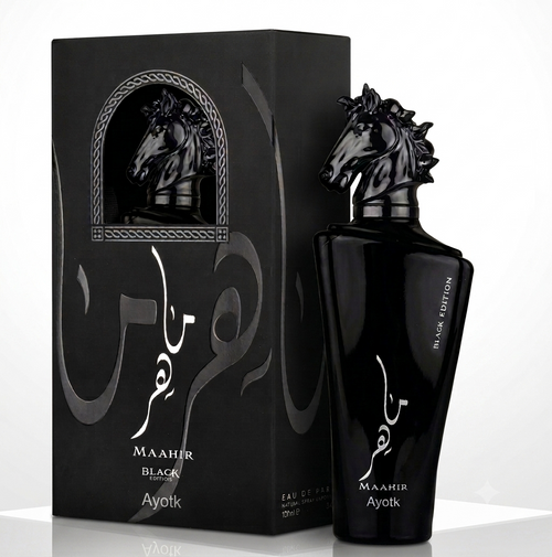 Ayotk Maahir Black Edition Eau de Parfum 100ml in a luxury black horse-head bottle with premium retail packaging.