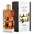 A bottle of Lattafa Ameer Al Oudh Intense Oud Eau de Parfum with amber liquid and a gold cap, shown next to its dark brown and white textured packaging box.