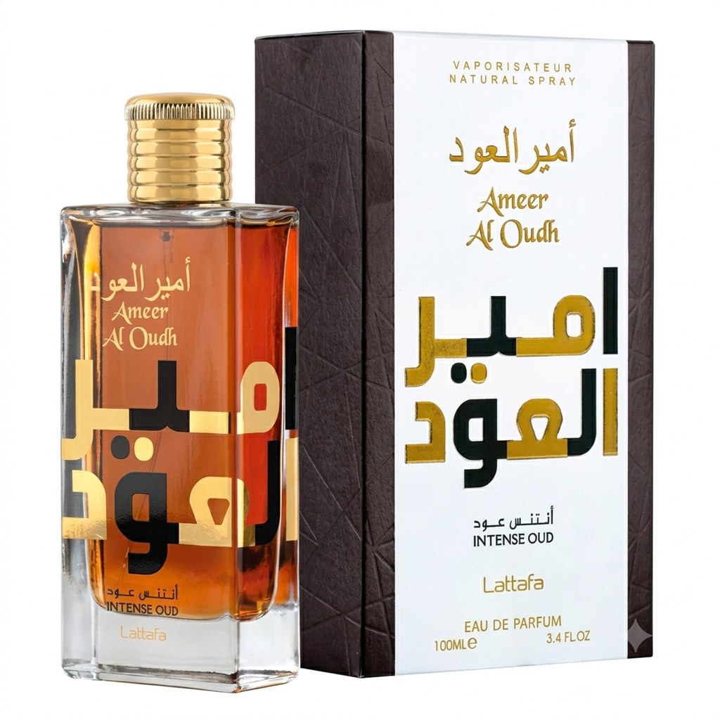 A bottle of Lattafa Ameer Al Oudh Intense Oud Eau de Parfum with amber liquid and a gold cap, shown next to its dark brown and white textured packaging box.