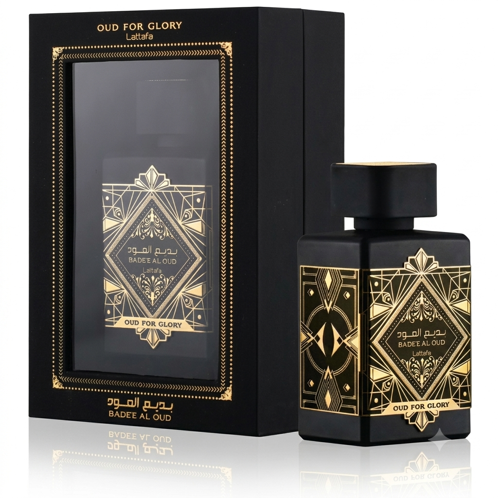 A bottle and box of Oud For Glory by Bader Al Oud, featuring a black design with intricate gold Art Deco patterns and Arabic text.