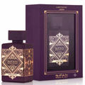 Amethyst Badeel Al-Oud perfume bottle in a deep purple glass bottle with gold geometric patterns, shown next to its matching purple and gold presentation box.