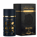 A bottle of Bleno of Lattaafa Eau de Extrait perfume next to its black packaging box with gold lettering, on a plain white background.