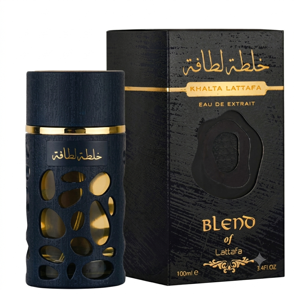 A bottle of Bleno of Lattaafa Eau de Extrait perfume next to its black packaging box with gold lettering, on a plain white background.