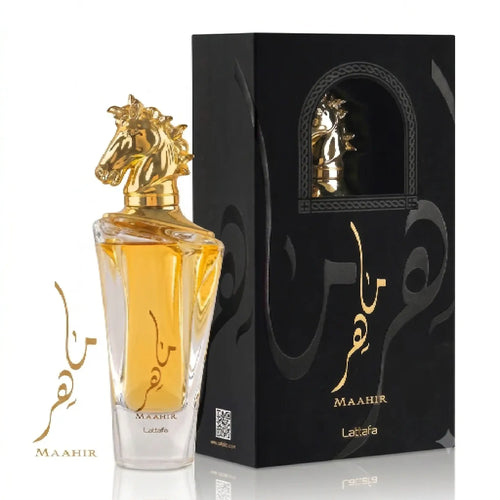 A bottle of Maaahir Latafa perfume with a gold horse-head cap and golden liquid, shown next to its black presentation box with gold lettering and a horse illustration.