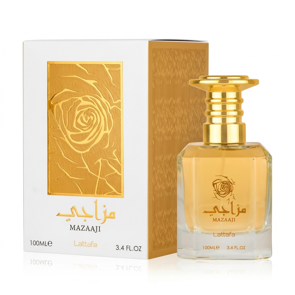 Mazaji Lattafa perfume bottle and its white and gold packaging box, featuring a rose design and gold Arabic lettering.