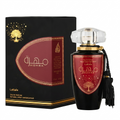 Laitafa Mohra natural spray perfume bottle with a black body, clear faceted cap, and black tassel, shown next to its black and dark red packaging box with gold details.