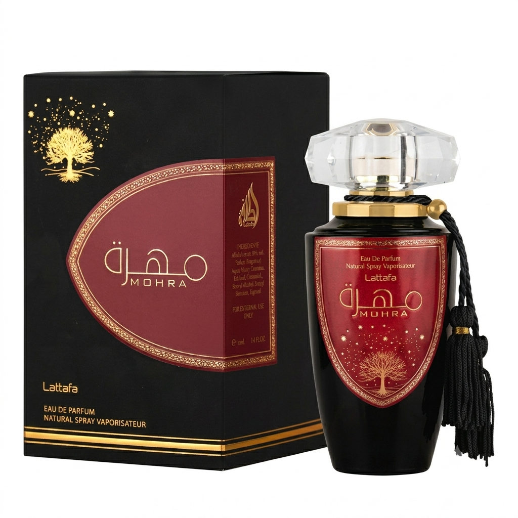 Laitafa Mohra natural spray perfume bottle with a black body, clear faceted cap, and black tassel, shown next to its black and dark red packaging box with gold details.