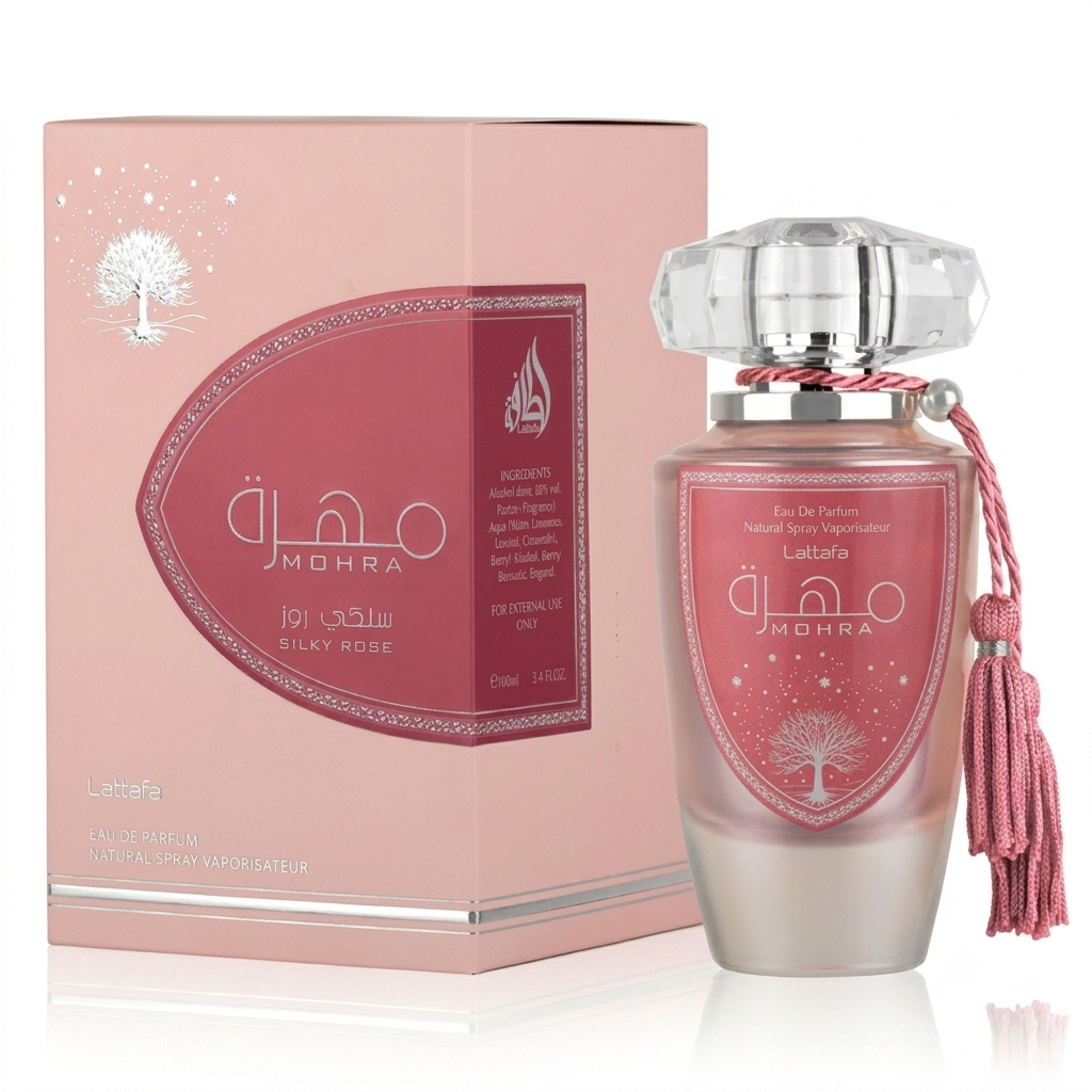 Lattafa Jodhra Silky Rose Eau De Parfum bottle with its pink packaging box, featuring a pink and silver design with a tassel accent on a white background.
