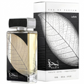 Najdia Latafa Eau de Parfum bottle and its retail box, featuring a black and white leaf design with a pale yellow liquid visible inside the clear glass bottle.
