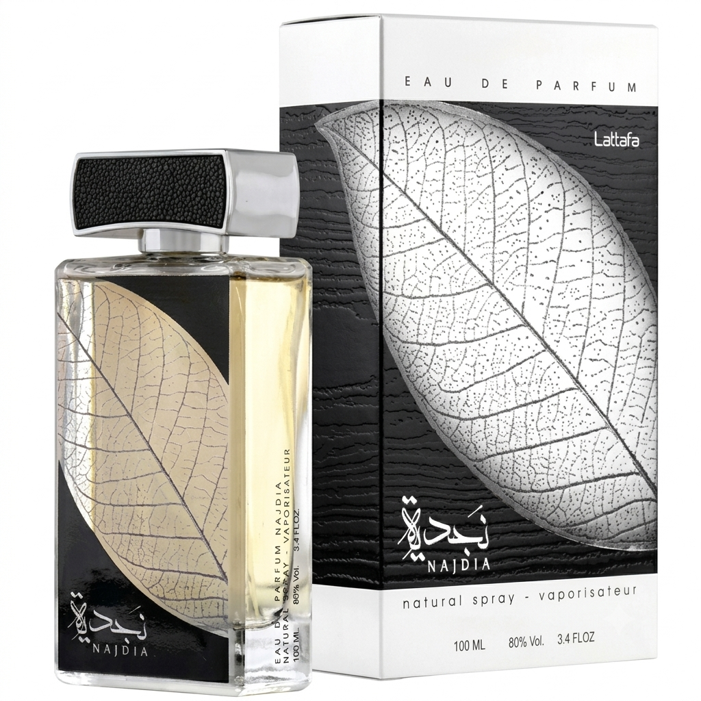 Najdia Latafa Eau de Parfum bottle and its retail box, featuring a black and white leaf design with a pale yellow liquid visible inside the clear glass bottle.