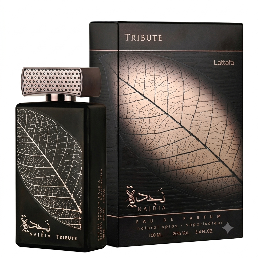 Najdia Tribute Lattafa Eau de Parfum bottle and its retail packaging box, both featuring a black background with a detailed beige leaf vein pattern.