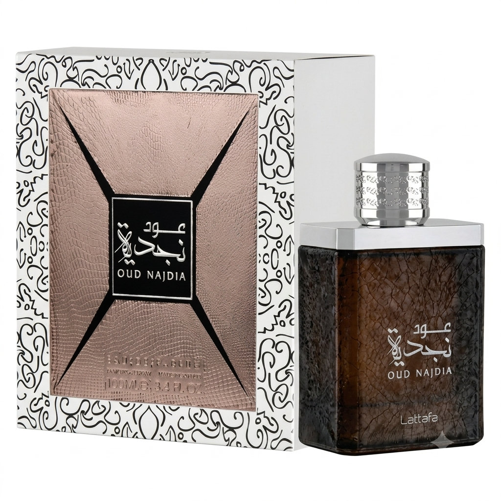 Oud Najdia Lattafa perfume bottle and its decorative packaging box, featuring a dark brown textured bottle with a silver cap next to a white box with black patterns and a metallic rose-gold front panel.