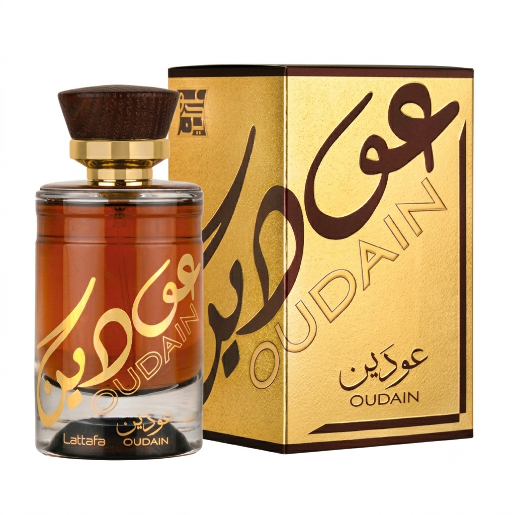 A bottle of Lattafa Oudain perfume with amber-brown liquid and a dark brown cap, shown next to its gold packaging box with Arabic calligraphy and the brand name OUDAIN.