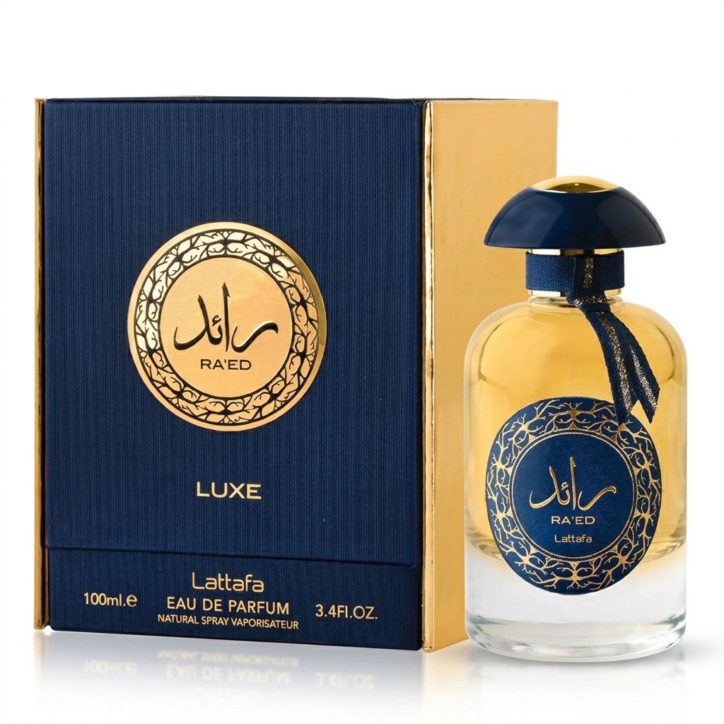 Lattaafa Raed Eau de Parfum bottle with its navy blue and gold packaging box, displayed on a clean white background.
