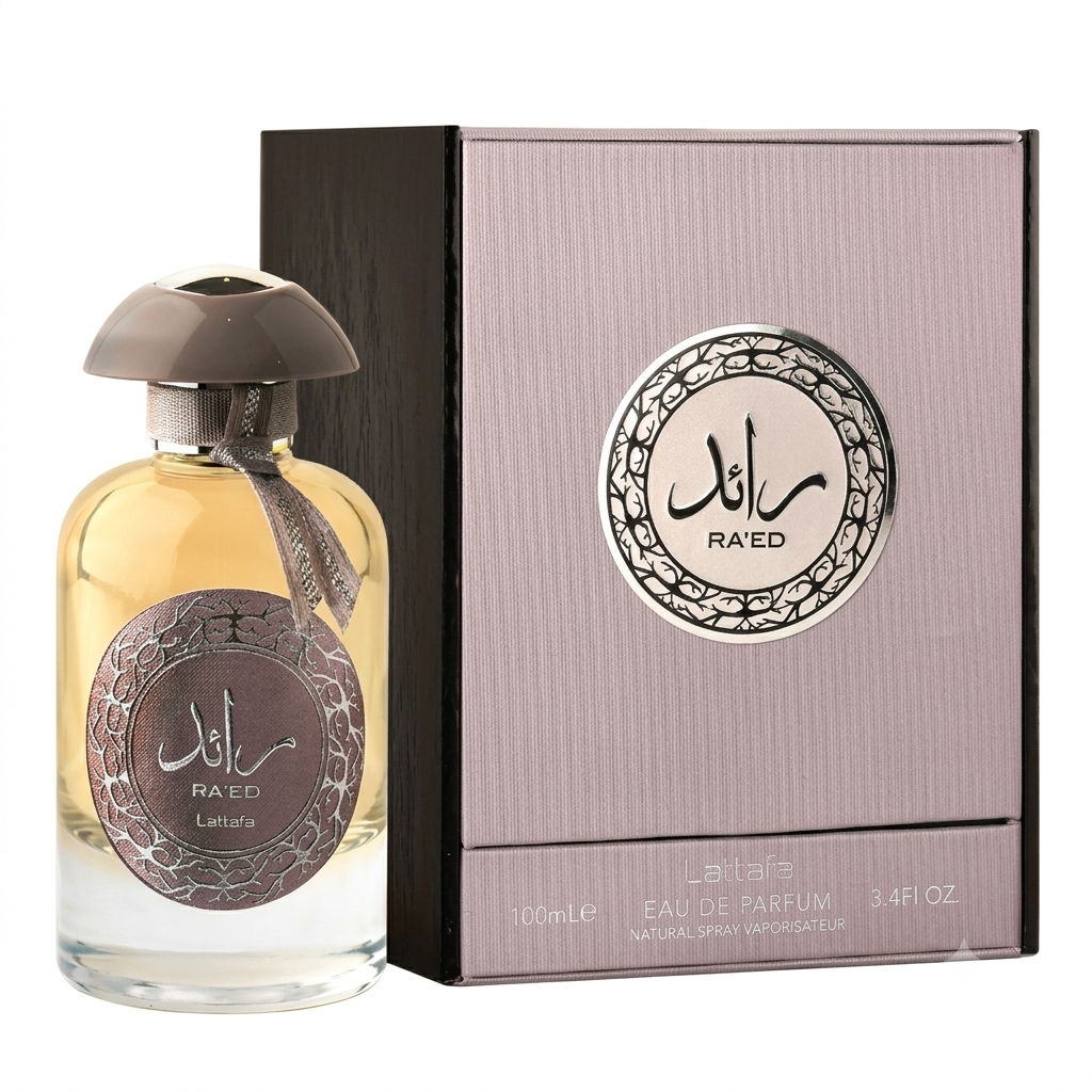 Lattafa Ra'ed Silver 100ml Eau de Parfum unisex, clear glass bottle with silver medallion and gift box (102 characters)