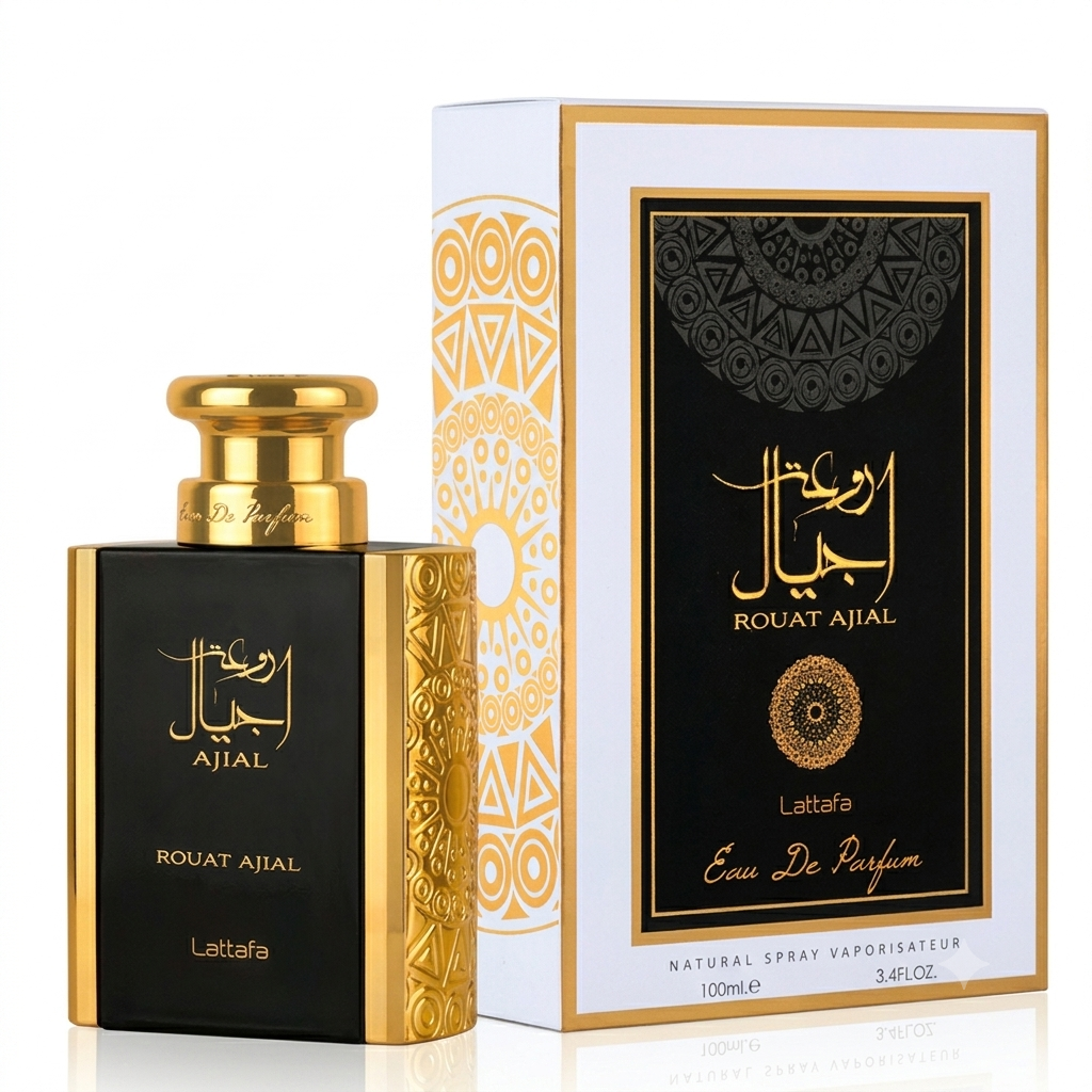 A perfume bottle and its retail box for Rouat Ajial by Dr. Parfum.