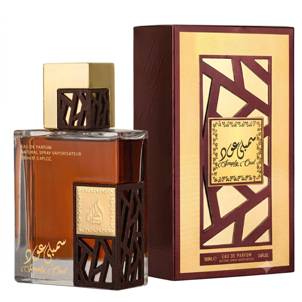 A bottle of Simple & Coul Arabic Eau de Parfum with amber liquid and a gold cap, shown next to its matching brown and gold packaging box on a white background.