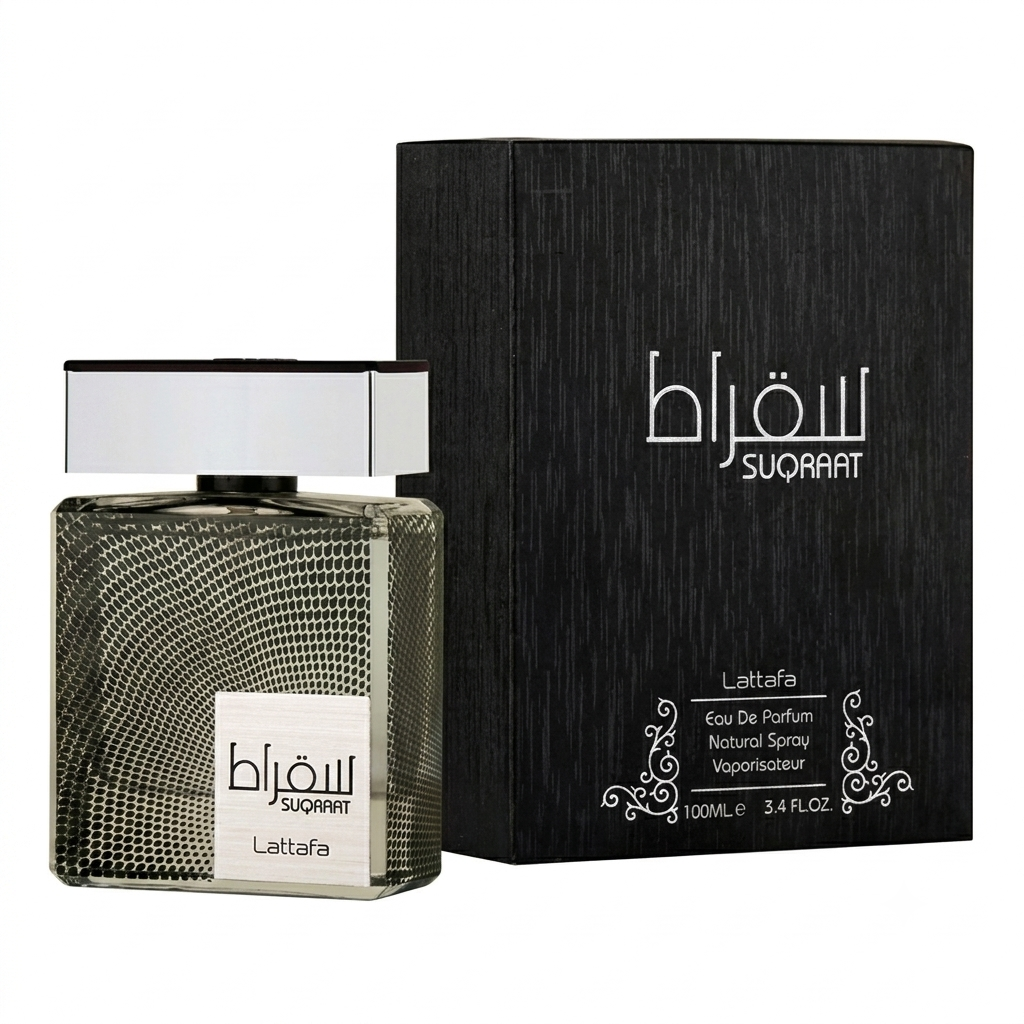 A bottle of Sugarrat Lattafa perfume next to its black textured packaging box, featuring white Arabic and English text on a clean white background.