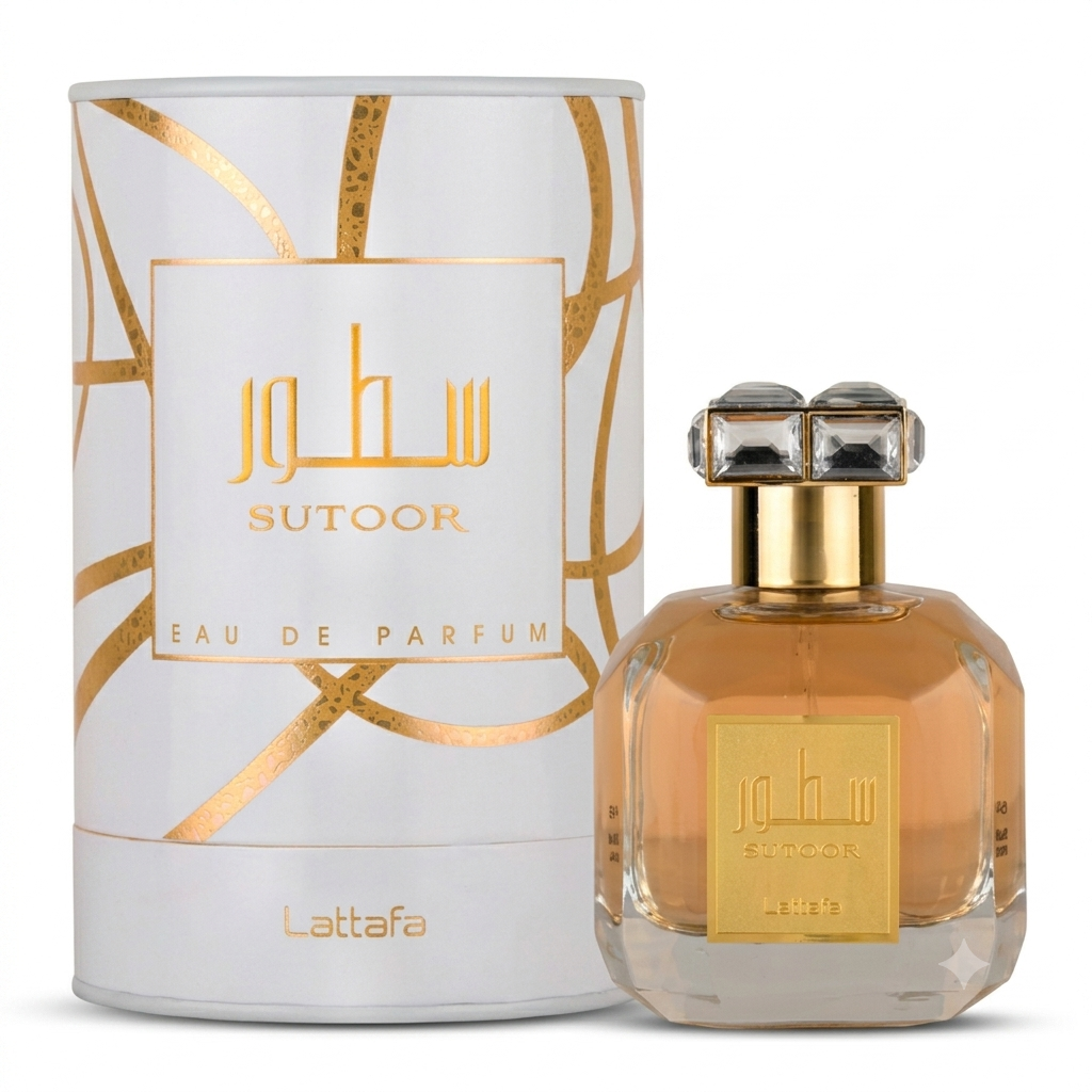Sutoor Eau de Parfum by Lattafa, featuring a faceted glass bottle filled with amber liquid and a matching white cylindrical box with gold geometric patterns.