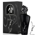 Maaahir Lattara Black Edition Eau de Parfum bottle and its black packaging box, both featuring a glossy black design with a horse head motif and white Arabic calligraphy.