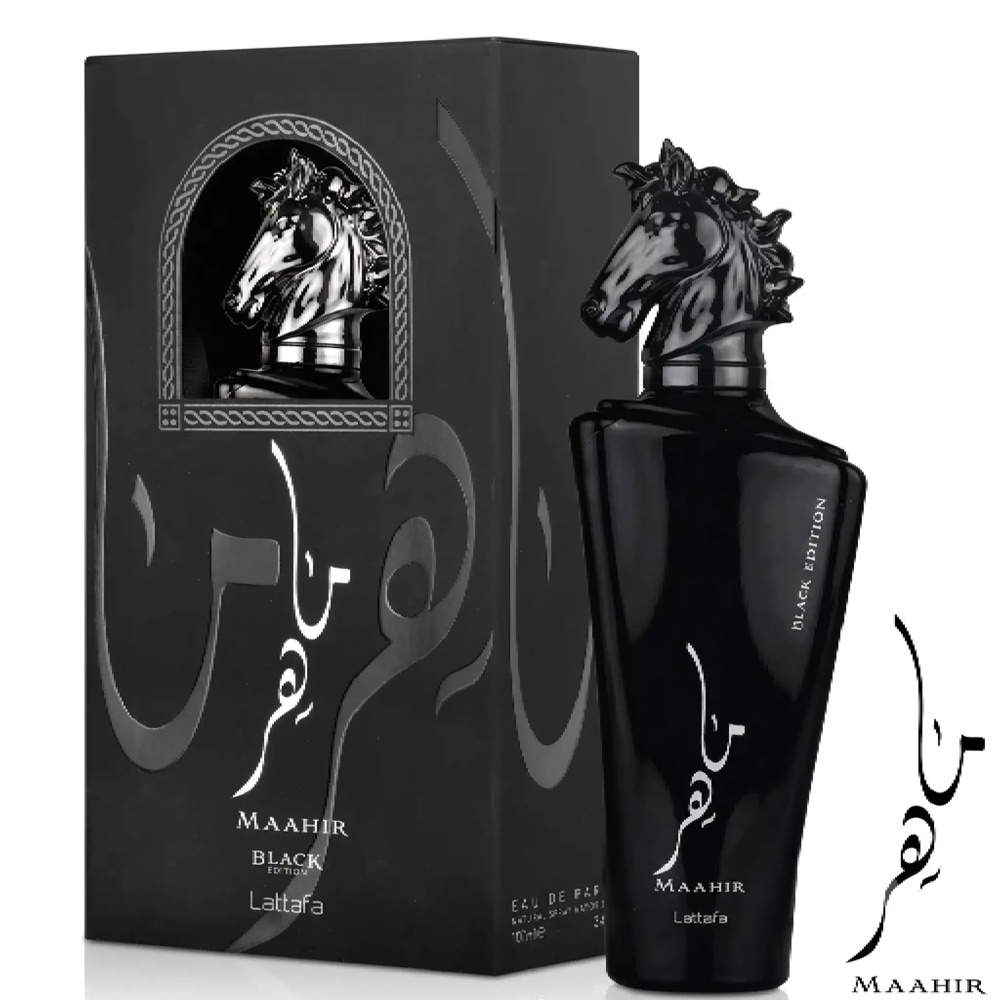 Maaahir Lattara Black Edition Eau de Parfum bottle and its black packaging box, both featuring a glossy black design with a horse head motif and white Arabic calligraphy.