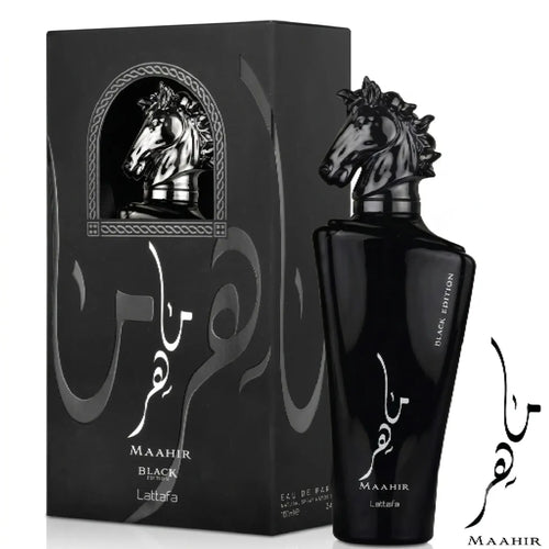Maaahir Lattara Black Edition Eau de Parfum bottle and its black packaging box, both featuring a glossy black design with a horse head motif and white Arabic calligraphy.